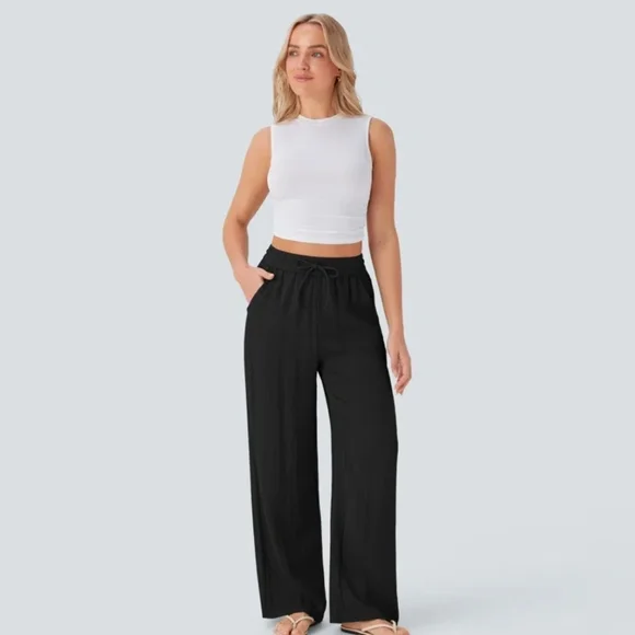 Halara High Waisted Drawstring Wide Leg Casual Linen-Feel Pants "L" - Picture 1 of 10